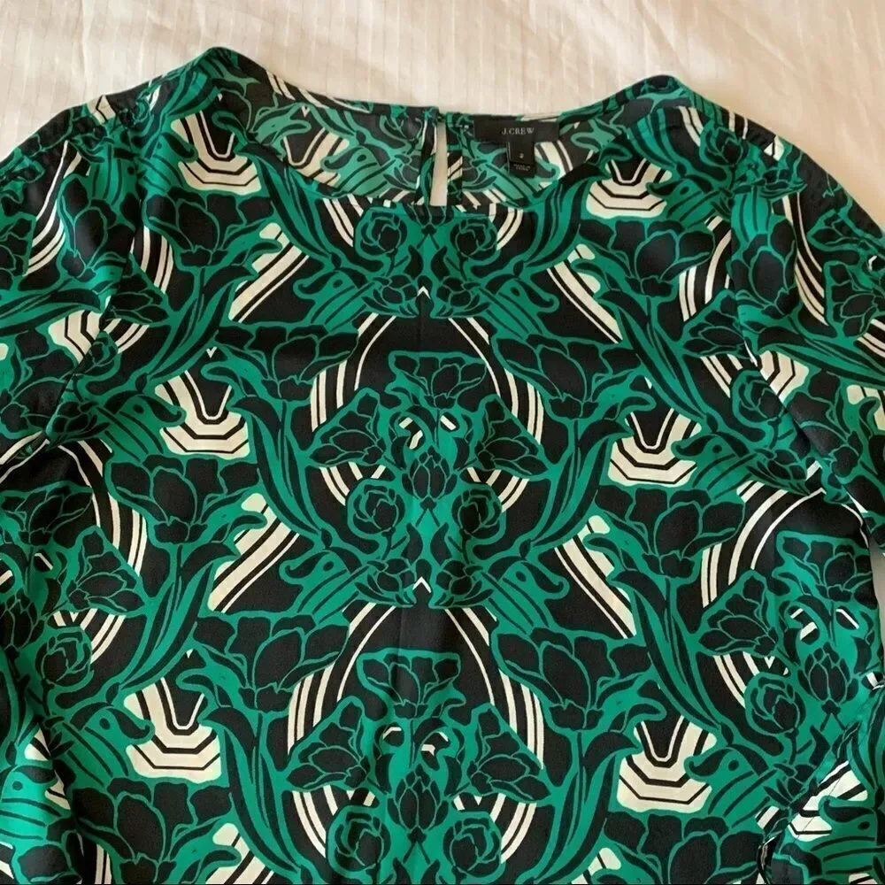 J. Crew Womens Blouse Shirt Green 3/4 Sleeve Retro Floral Popover Size 2